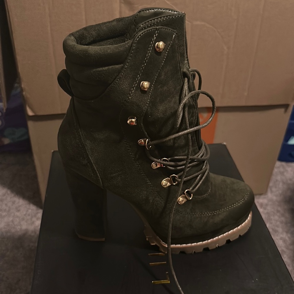 Army green suede lace up boots. Sexy with camouflage anything!